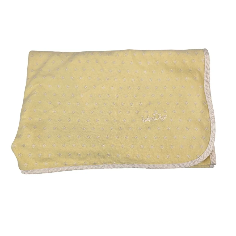 Vintage Baby Dior Yellow Blanket USA Cotton Dobby Diamond Pointelle Satin Trim
